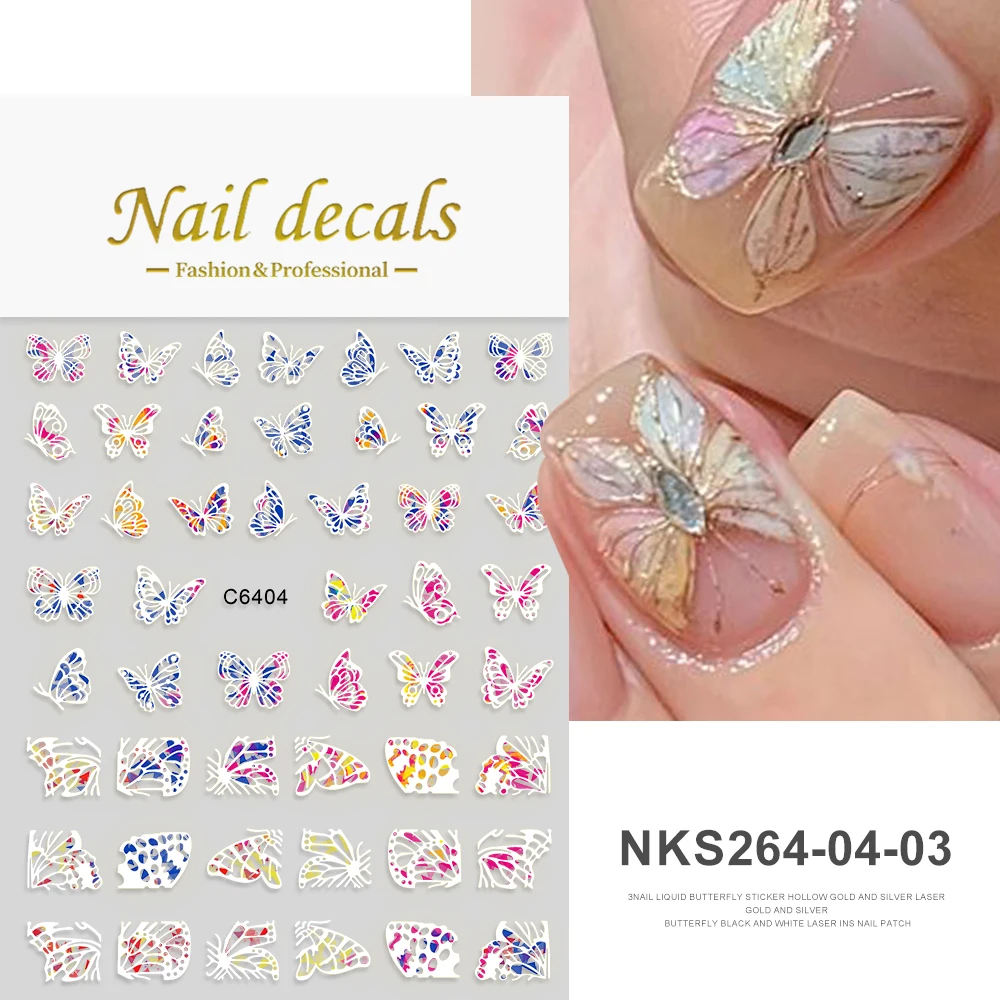 1pc laser holográfico borboleta unhas adesivos 3d fantasia design brilhante sliders fada borboletas fluidas flores manicure decalques