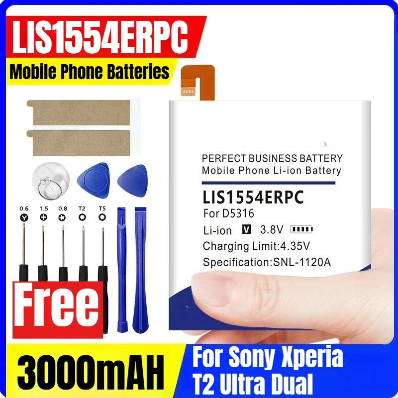 

3.8V 3000mAH Mobile Phone Batteries for Sony Xperia T2 Ultra Dual D5322 D5316 XM50H XM50T D5303 LIS1554ERPC + Tools