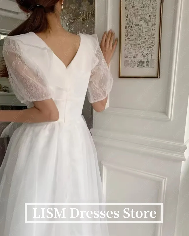 LISM ヴィンテージ韓国ウェディングドレス プロムドレス カスタマイズされたフリルレース半袖イブニングパーティードレス ブライダルレセプションドレス