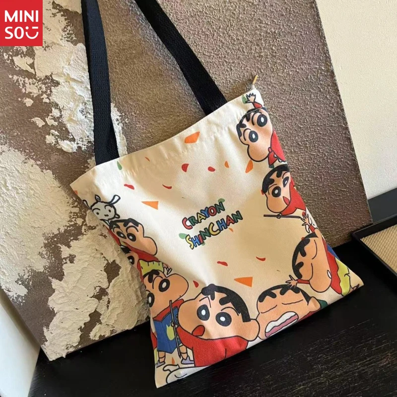 미니소 2025 일본 캔버스 토트백 여성용, 통근용 두꺼운 대형 숄더백