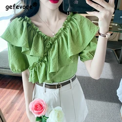 Women Trendy Ruffles Sweet Kawaii Chic Design Blouse 2024 New Spring Summer Elegant V Neck Solid Shirt Female Casual Street Tops