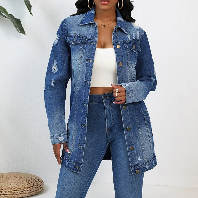 

Women New Lightweight Casual Pockets Design Fashion Loose Autumn Lapel Loose Broken Autumn/Winter Long Sleeve Long
