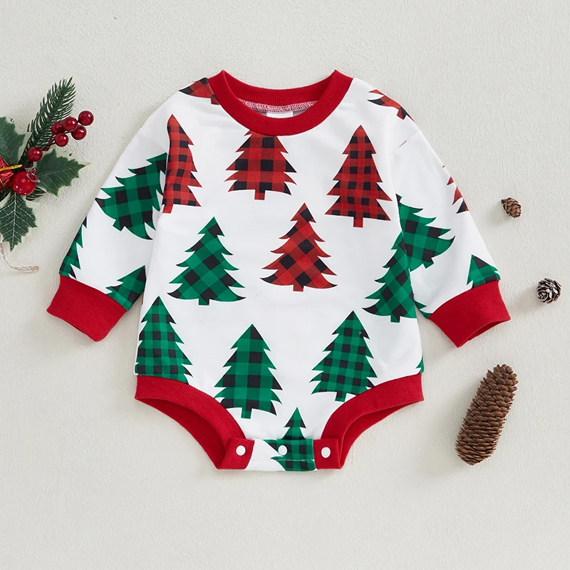 Baby Christmas Bubble Romper Christmas Tree Plaid Print Long Sleeve Crew Neck Sweatshirt Jumpsuit Xmas Baby Bodysuits Clothes