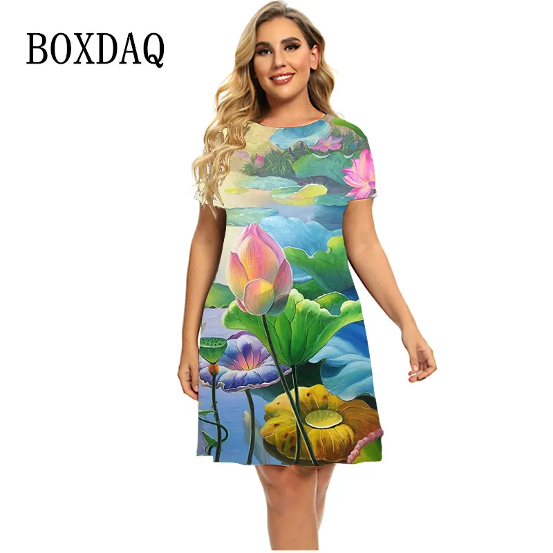 New Painting Lotus Leaf Women's Dress Fashion Cartoon 3D Printing Short Sleeve Dress Oversized Summer O-Neck A-Line Ladies Dress