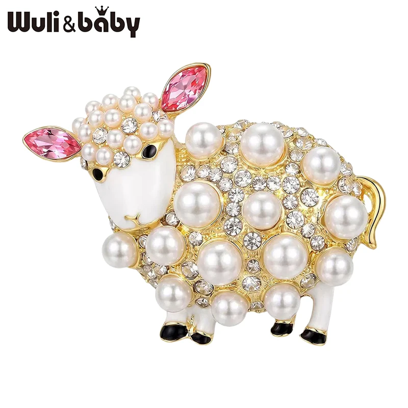 Wuli&baby Lovely Pearl Sheep Brooches For Women Unisex 2-color Rhinestone Year Of the Goat Animal Casual Party Brooch Pin Gifts