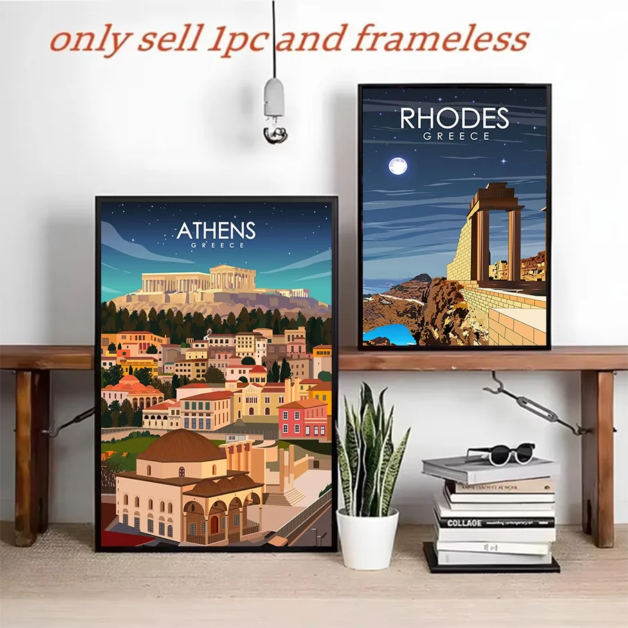 Frameless Canvas Wall Art Athens Greece Rhodes Vintage Travel Poster Acropolis Moon Night Sky Illustration