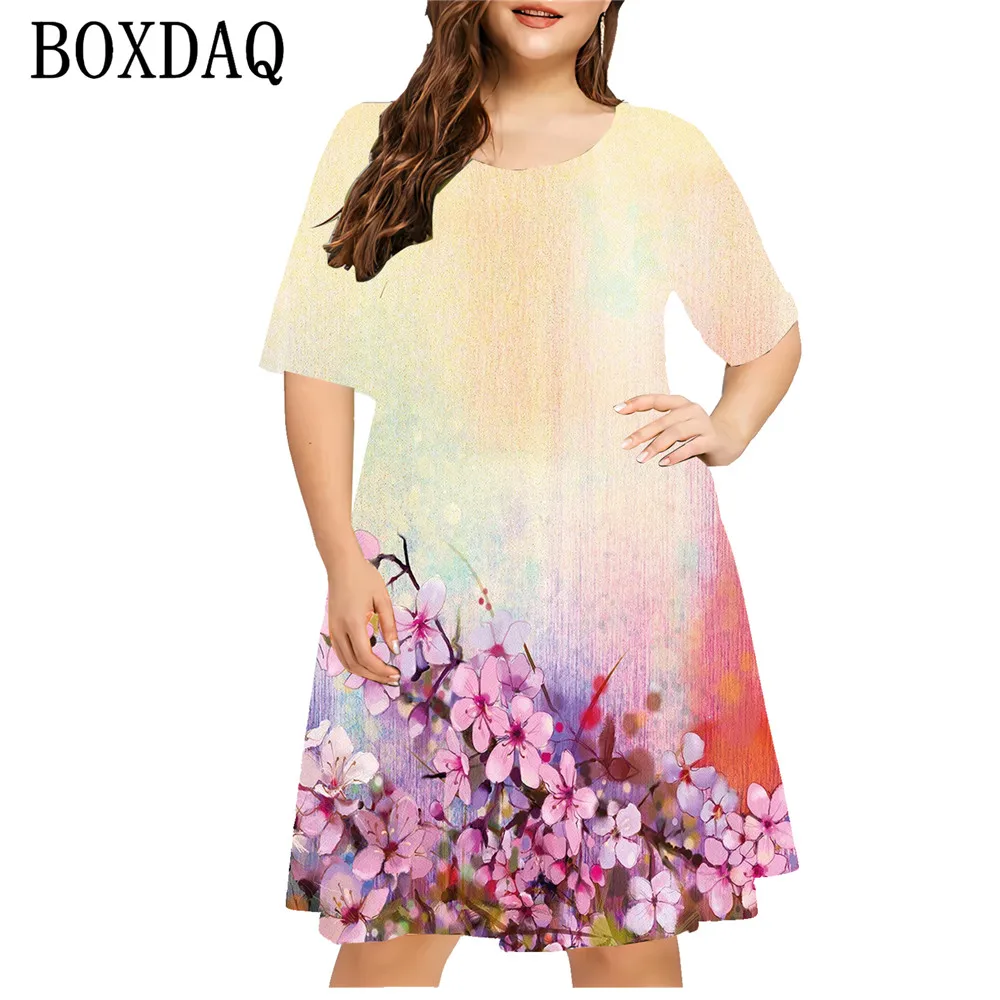 Letnie Tie Dye sukienka w kwiaty kobiet kwiatowy nadruk 3D sukienka z krótkim rękawem luźna Plus Size damska casualowa sukienka z okrągłym dekoltem