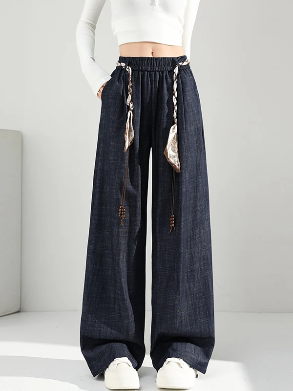 Retro jedwabna apaszka, spodnie dżinsowe z szerokimi nogawkami, damskie luźne spodnie z elastyczną wysoką talią, codzienne spodnie proste do ziemi.