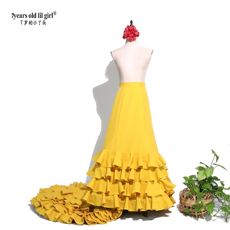 7yearsoldlilgirl Spanish Flamenco Bata Skirt  Multilayer Festival Skirt For Women Costumes CWQ39