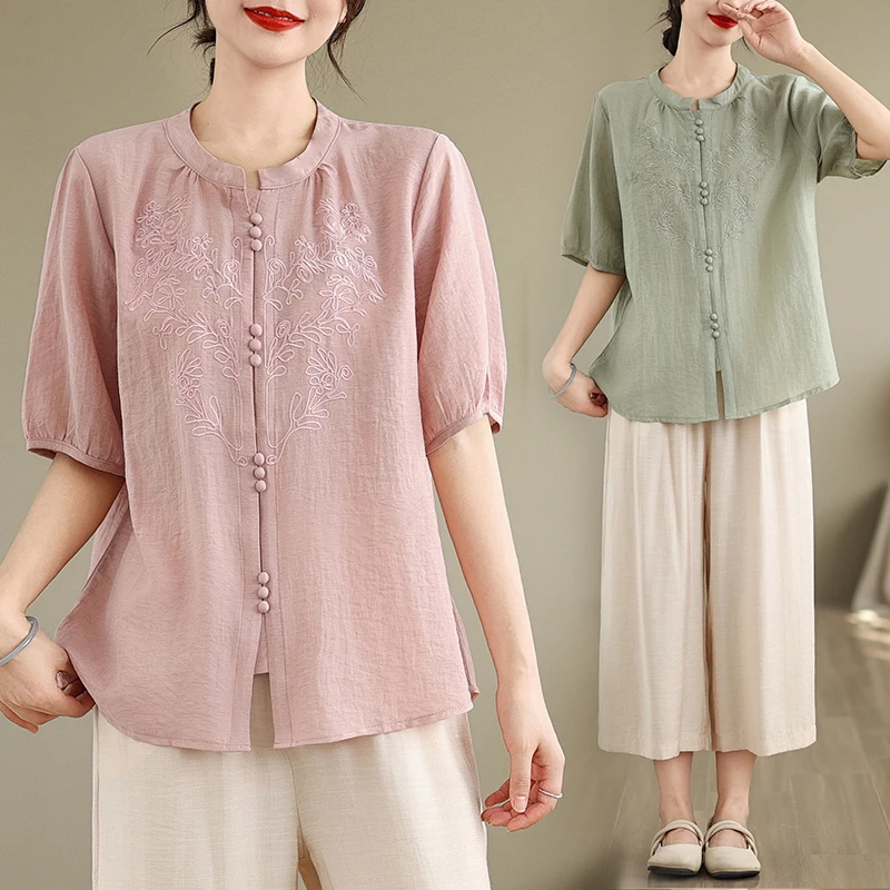 

New Chinese Style Casual Short Sleeve Two-Piece Set Women's plus Size Spring Summer Fashion Commute Artistic Embroidery