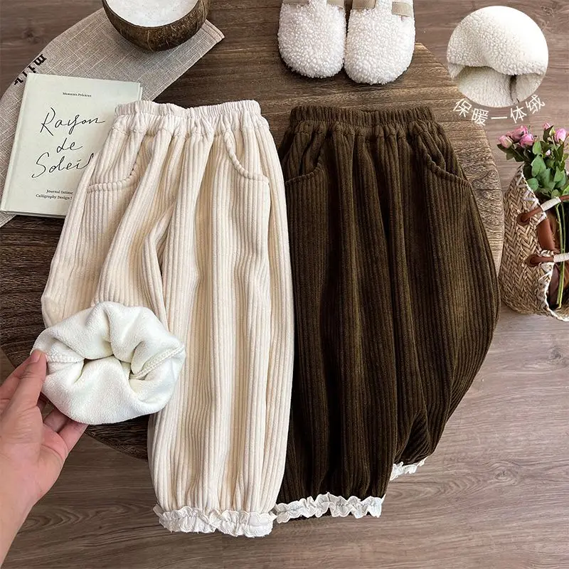 Girls' Velvet Pants for Autumn and Winter Children's Winter Clothes Baby One-piece Corduroy Thick Girls' Pants