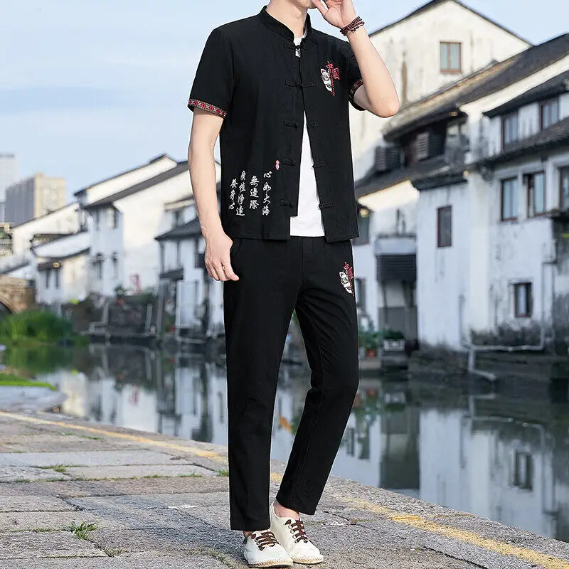 2025 spring Men's Casual Sets Chinese style Shirts + Pants summer 100% Cotton linen Sportswear Male Fashion Chinesestyle trouser