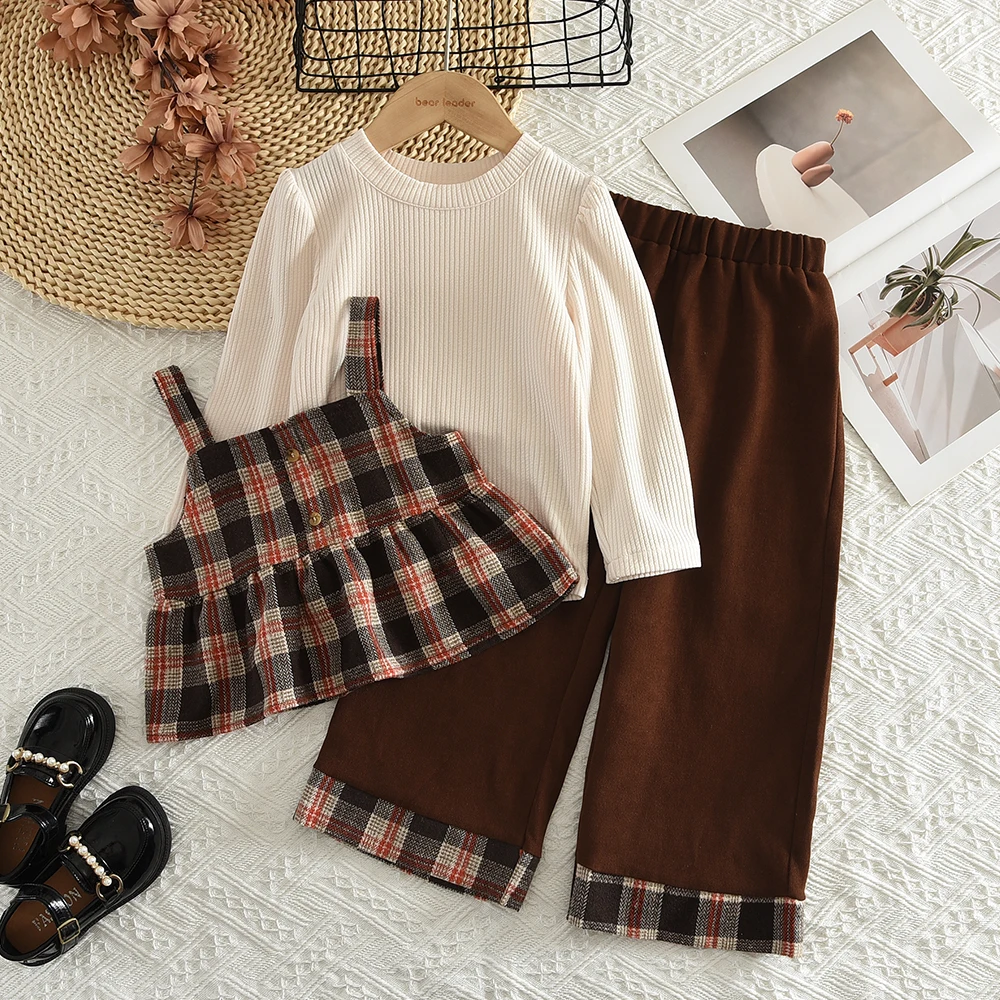 Bear Leader Fashion Casual Autumn Girls' Clothing Korean Kids Clothes Girls Checkered Vest+Long Sleeved Top+Color Blocked Pants