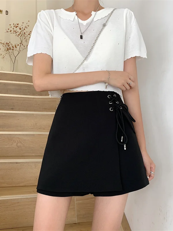 Black Asymmetrical Thin A-Line  Skirt Women's Summer New High Waist Cover Hip Short Skirt Casual Pants Thin Material