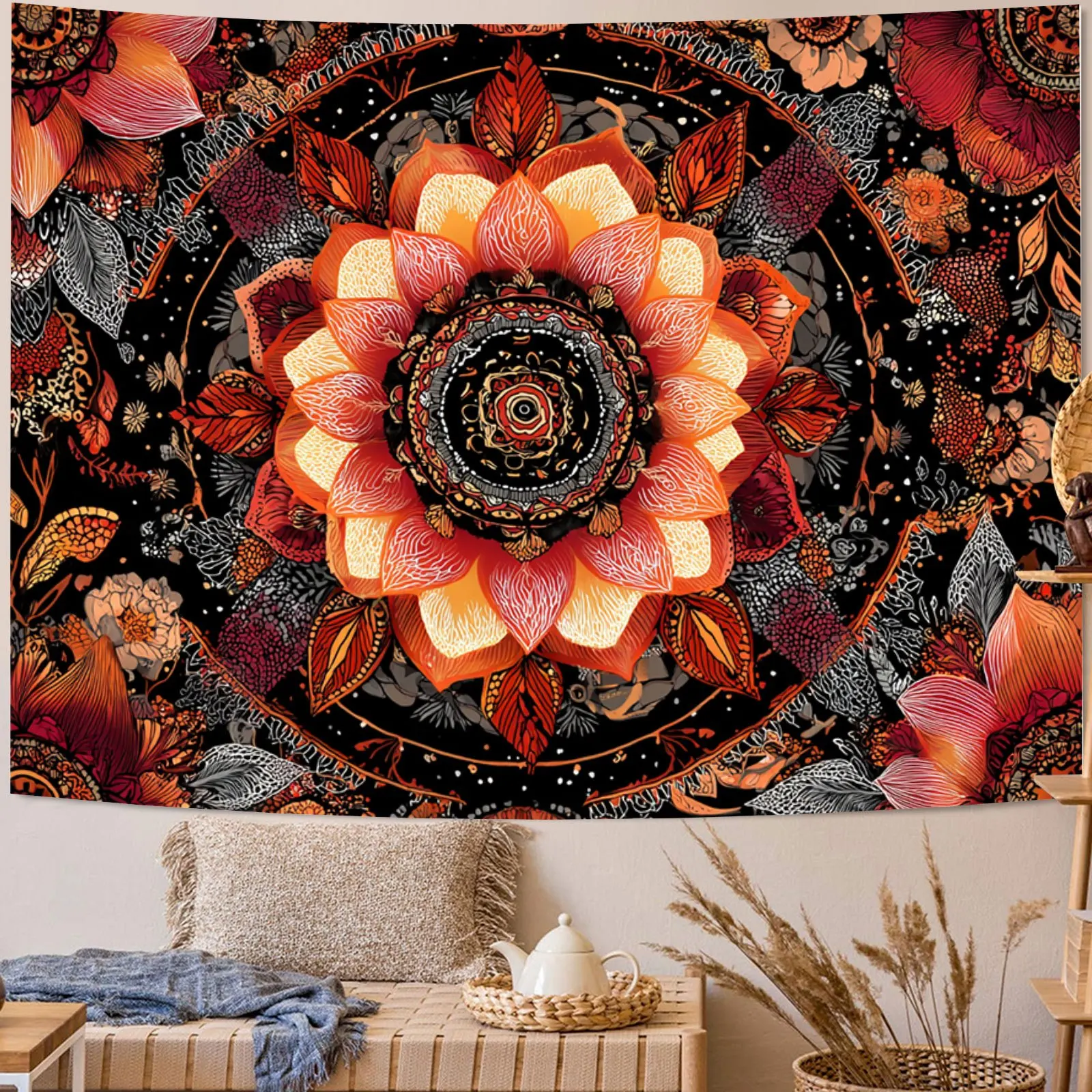Arte tapiz floral 2D colorido con patrón de ensueño, fondo negro, poliéster, 85g/㎡, orientación transversal, decoración para el