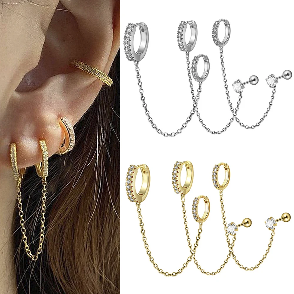 1/2/3/6PCS Sets Stainless Steel Zircon Long Chain Earrings Ear Cuff Double Hoop Earrings Double Piercing Helix Tragus Piercing