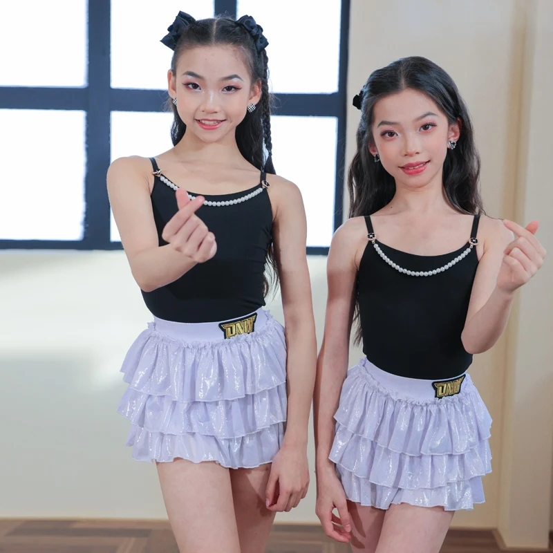 

Одежда для латинских танцев, летняя тренировочная танцевальная одежда для девочек, костюм для выступлений, румба, танго, ча-ча, черный танцевальный трико, юбка-тортик VBH1967