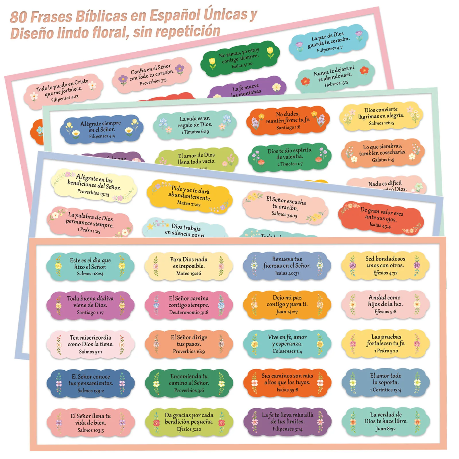 80/160 autocollants floraux avec versets bibliques espagnols, 80 autocollants floraux inspirants uniques et non répétitifs pour la décoration