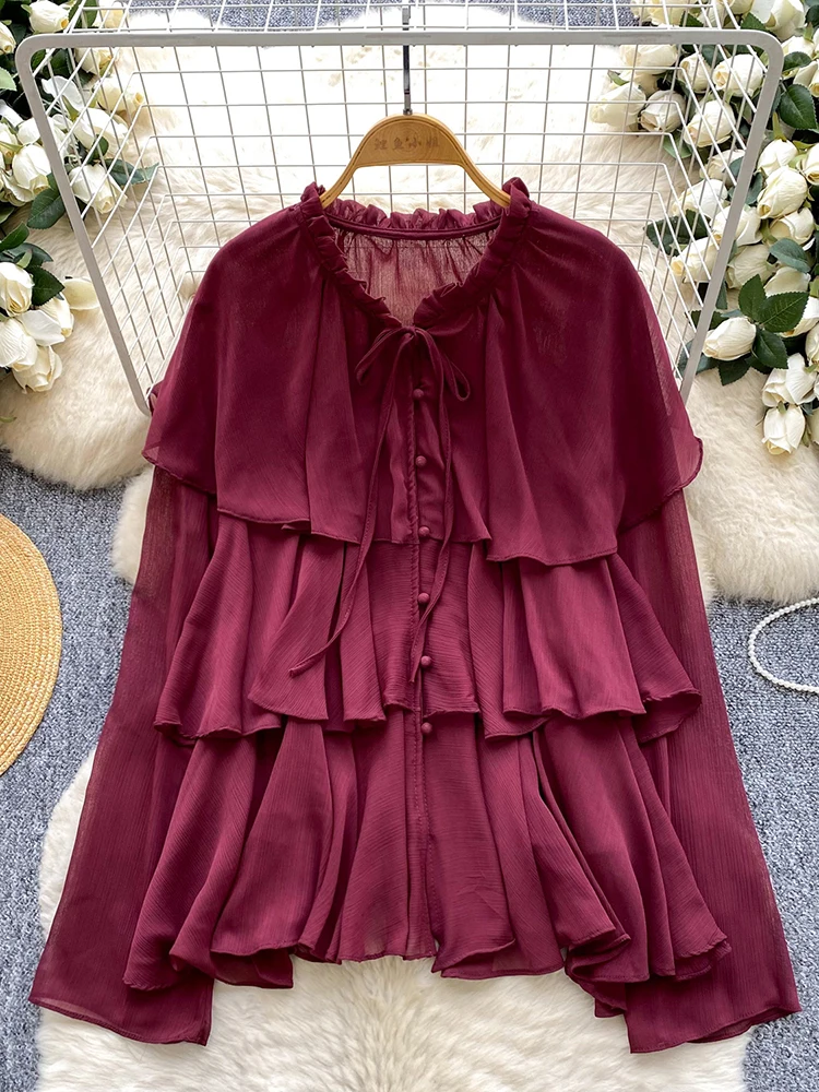 

Women Chiffon Shirt Tiered Fungus Lace Up Ruffle Edge Chiffon Shirt Sweet Versatile Loose Female Top Gentle Elegant Blouse BL277