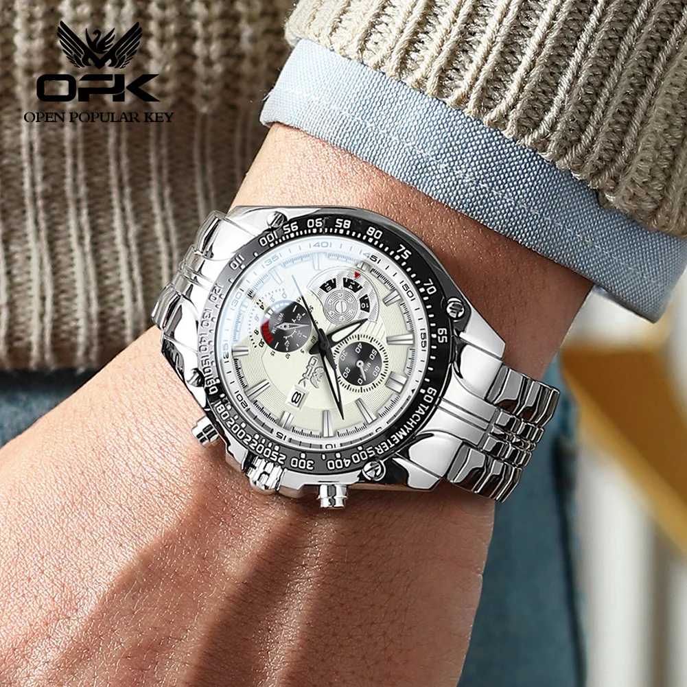 OPK Brand Men's Watch Fashion Multifunctional Calendar Quartz Waterproof Luminous Steel Strap 6020