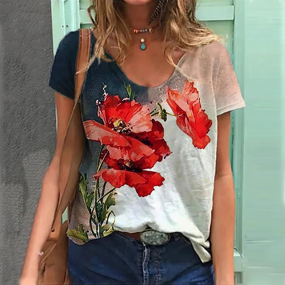 3d Floral Print Tee Summer Fashion Women\'s T-shirt Large Size Tops Woman Clothing Everyday Female Tops Loose Short Sleeve Blouse