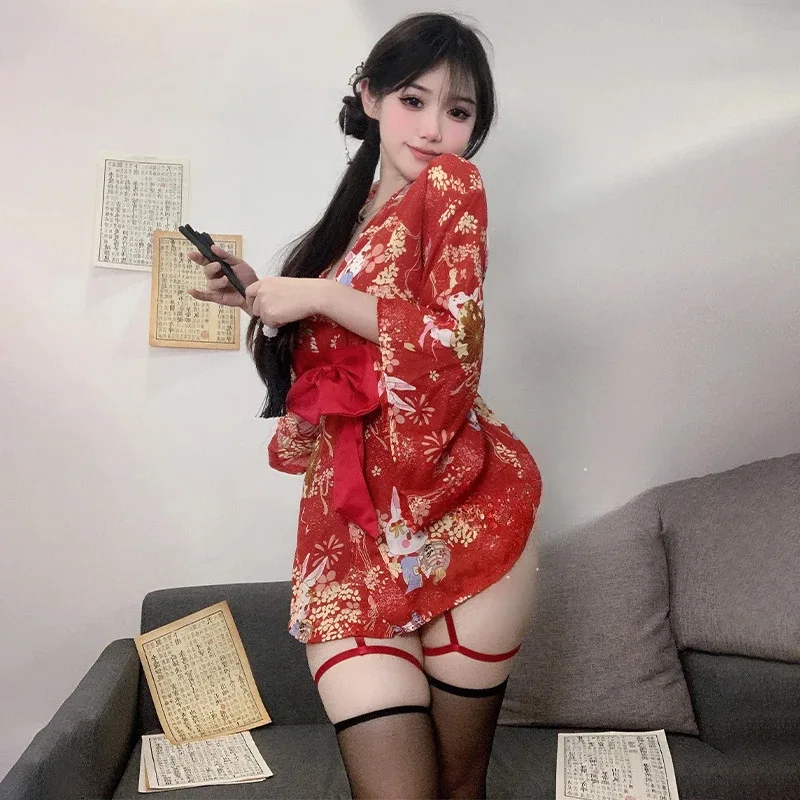 Bata tipo kimono japonesa para mujer, vestido de lencería, cárdigan Sakura, camisones sexys con lazo grande, albornoz Kawaii, ropa para el hogar con Pantya