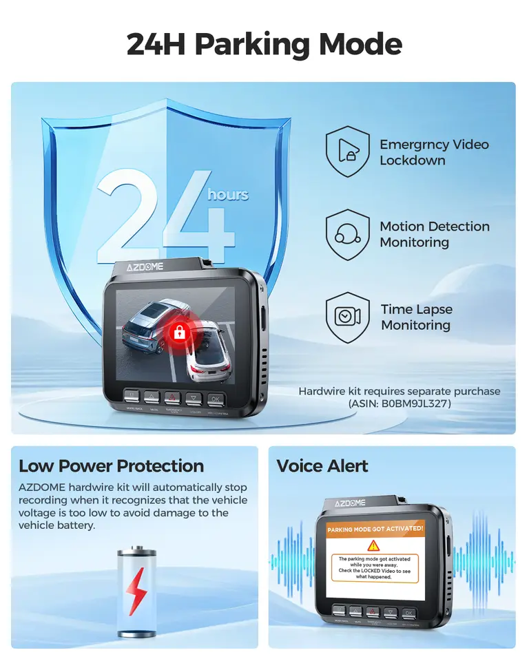 AZDOME كاميرا لوحة القيادة GS63H Pro 4K+1080P شاشة 2.4 بوصة IPS زاوية رؤية 150 درجة مدمج ADAS واي فاي 6 GPS مسجل سيارة G-Sensor مراقبة وقوف السيارات 24 ساعة - 2