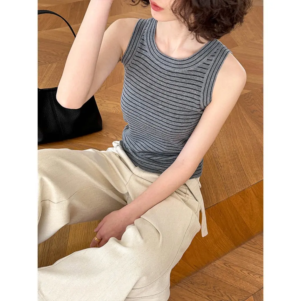 

Juzhi Women's Korean Style Striped Sleeveless round Neck Casual Top Versatile Bottoming Outerwear for Summer