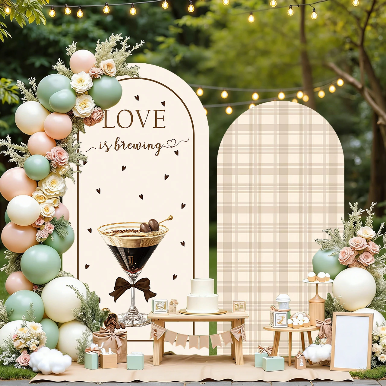 

Mehofond Custom 2-Sided Love is Brewing Coffee Martini Glass Birthday Bridal Shower Cover Chiara Arch Background Decor Backdrop