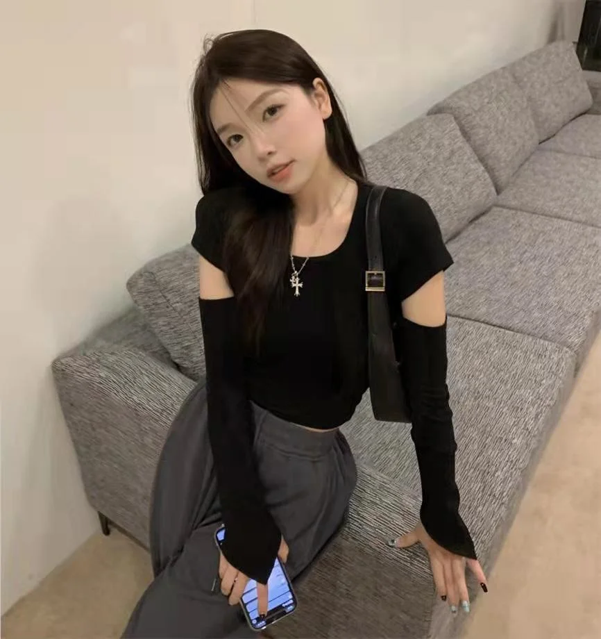 

Detachable Sleeve T-Shirt Women Top Summer Fairycore Mesh Splicing Tie Up Waist Fitted Patchwork Feminina Asymmetric Outfits Ins