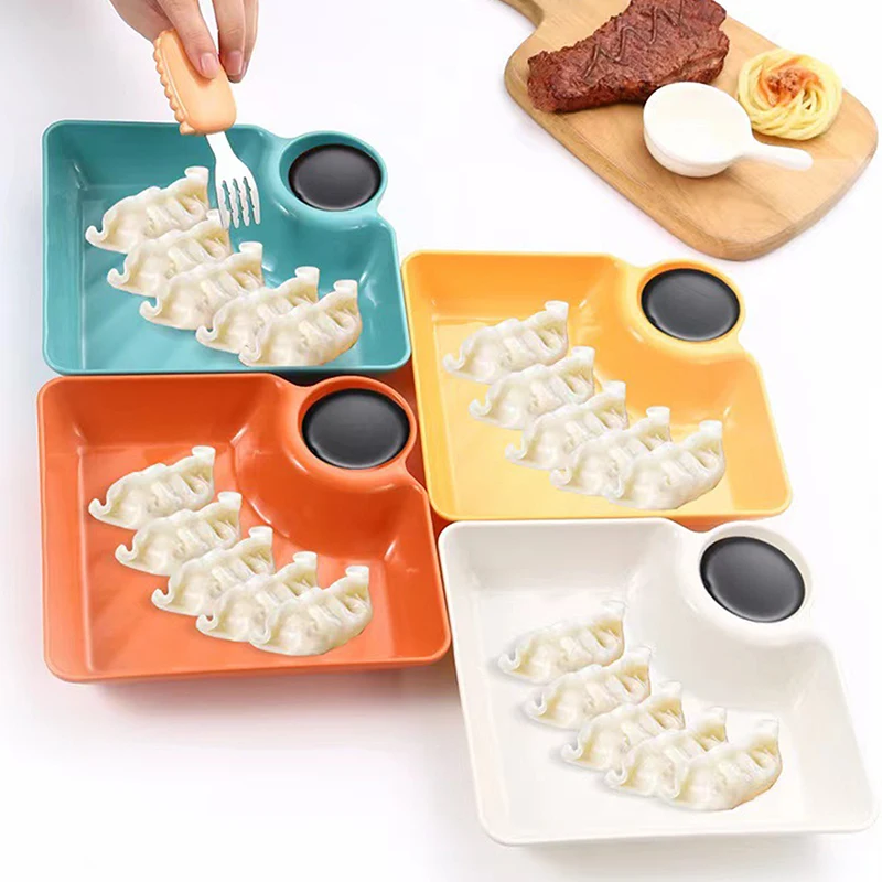 Plastic Dumpling Plate With Sauce Compartment Square Snack Cookie Platter Food Tray Dish Tableware Kitchen Plates