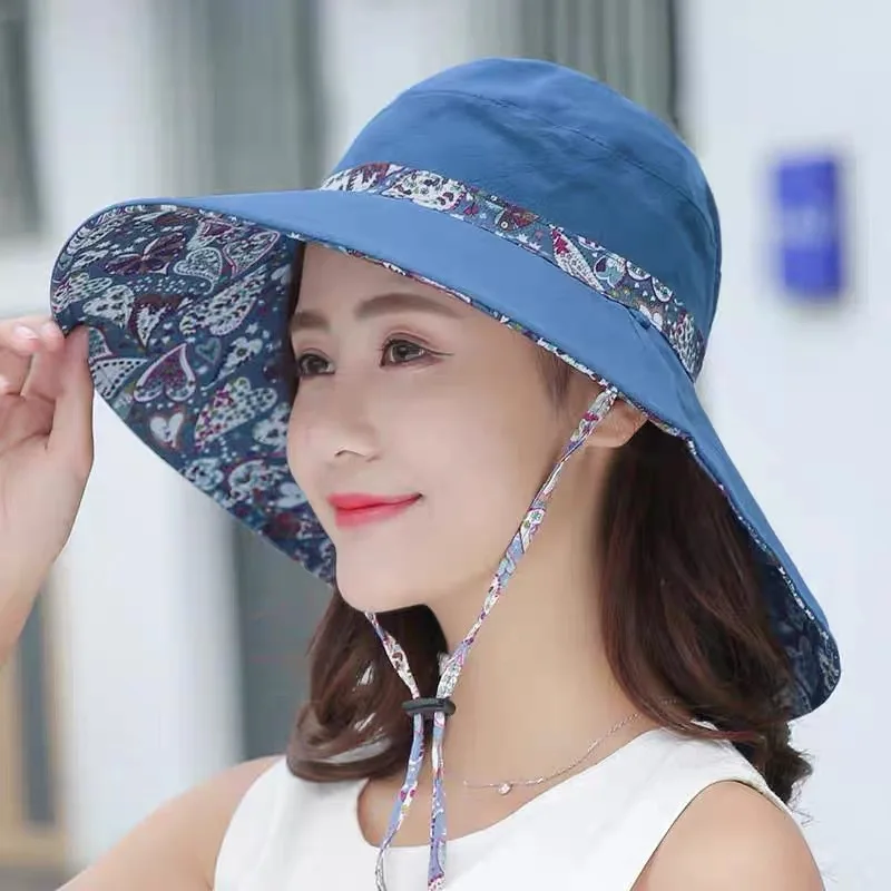 

Female Summer Big Edge Cover Face Fashion Uv Protection Middle-aged And Elderly Bucket Hat Sun Protection Sun Hat Double-sided