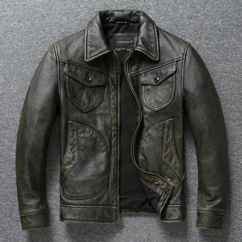 

Leather Jacket Men's Motorcycle Jacket Retro Distressed Graphite Olive Green Slim Lapel Jacket New Style