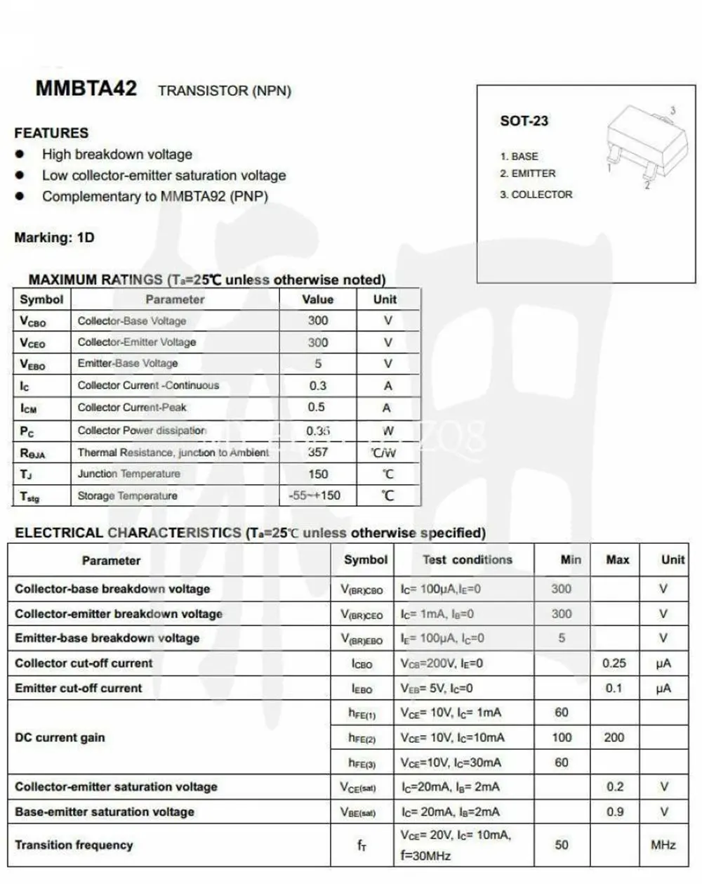 100PCS MMBTA42 1D 0.3A 300V NPN SOT-23 SMD Chip Transistor