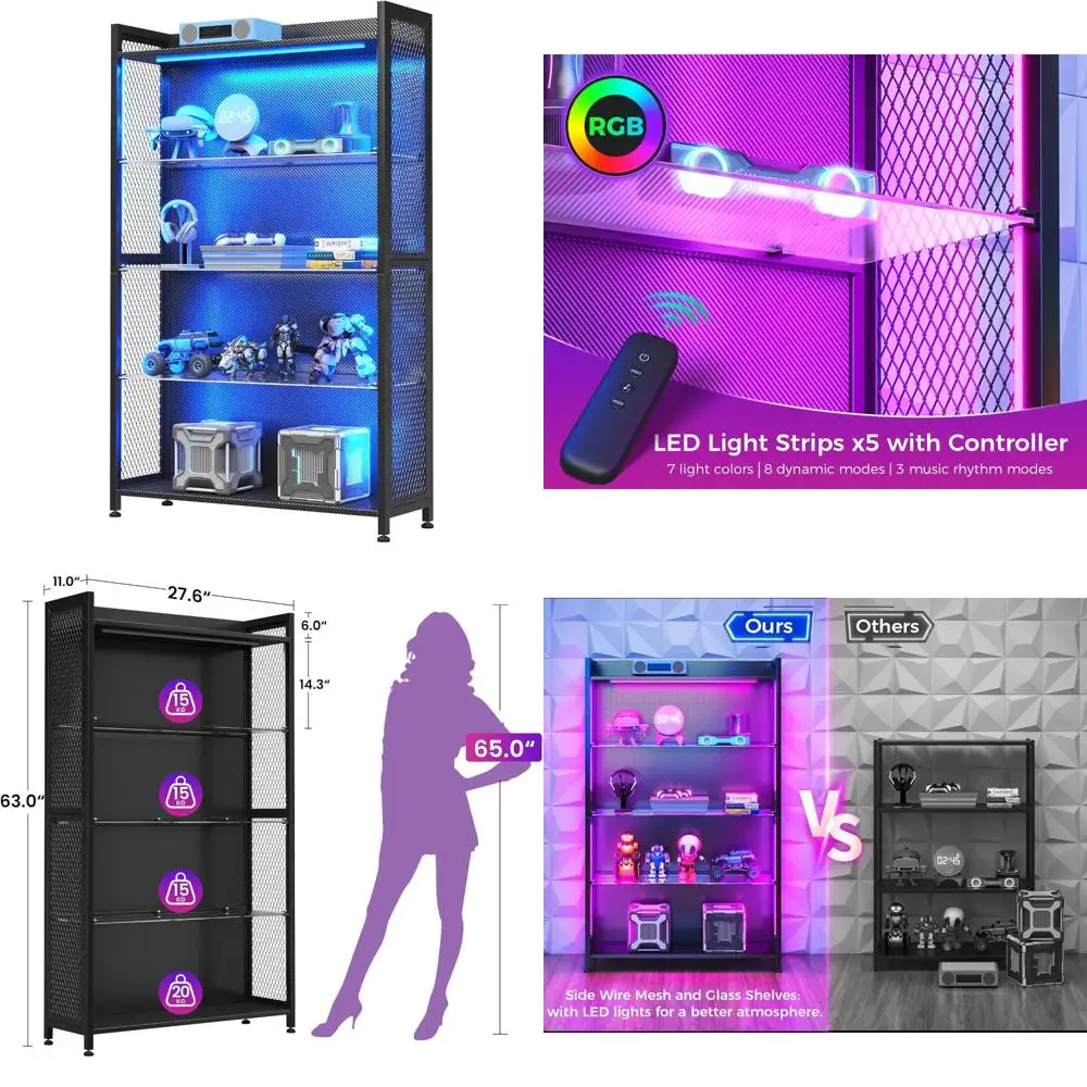 Armário de exibição MOTPK com luzes LED, vitrine com prateleiras de armazenamento de vidro, armário de curiosidades de 4 camadas para colecionáveis, display