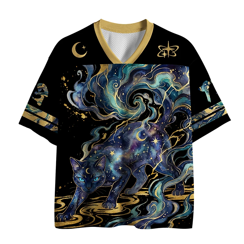 Children and Adults, Starry Sky Black Cat 3D Printed Dark Style Subculture Enthusiasts, Daily Commuting, Street Trendy T-shirt