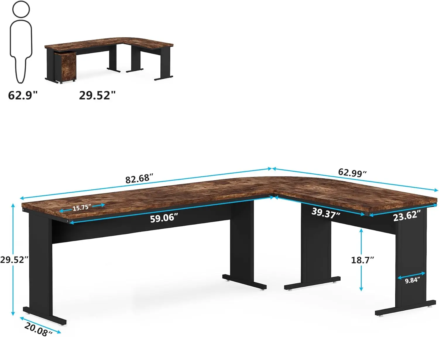 Triplo Trims em forma de L Secretária Executiva, Grande Mesa de Escritório, 3 gavetas do armário de arquivos móveis, Industrial Canto Computer Desk, 83 pol