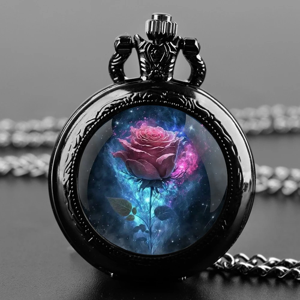 Orologio da tasca al quarzo nero con cupola in vetro rosa rosa con quadrante con numeri arabi e catena resistente, regalo retrò per uomo e donna