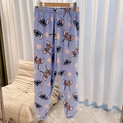 Stitch Cute Cartoon Print Coral Fleece Trousers Women New Casual Fashion Home Pants Autumn Winter Thick Warm Loose Pajama Pants