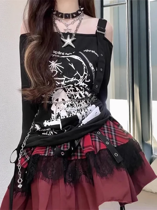

Loose Long Sve T-irt Women's Printed Casual Punk Gothic Y2K Millennium Hot Girl Dstring Slimming Top Trendy Streetwear
