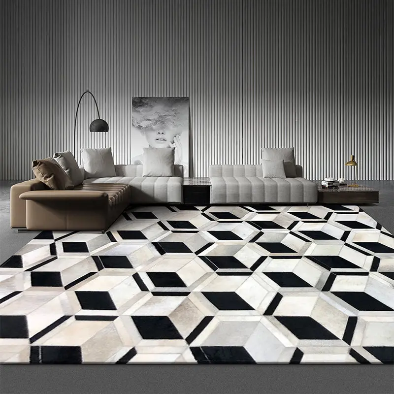 Handmade 3D Geometric Large Carpet Area Rug Living Room Handmade Real Cow Hide Carpet Bedroom Decoration Customize Mats Non-slip