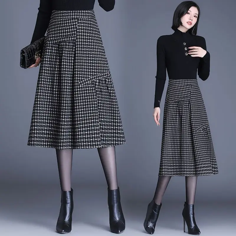 Woman Buttons Tweed Skirts Female High Waist Plaid Woolen Skirt A-Line Knee-Length Elegant Office Lady Pockets Slim  G838