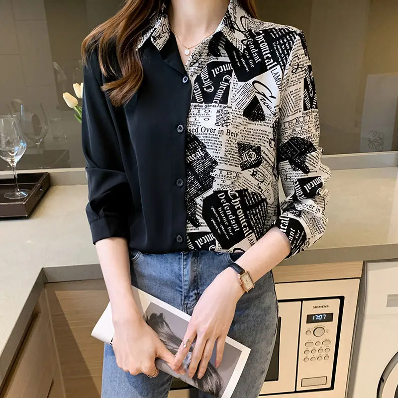 

Patchwork Long Sleeve Print Blouse Spring Autumn New Polo Neck Letter All-match Elegant Shirt Tops Fashion Casual Women Clothing