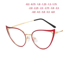 Metal Hollow Cat Eyes Frame Clear Glasses Women Myopia Nerd Spectacles  -0.5 -1.0 -2.0 to -6.0