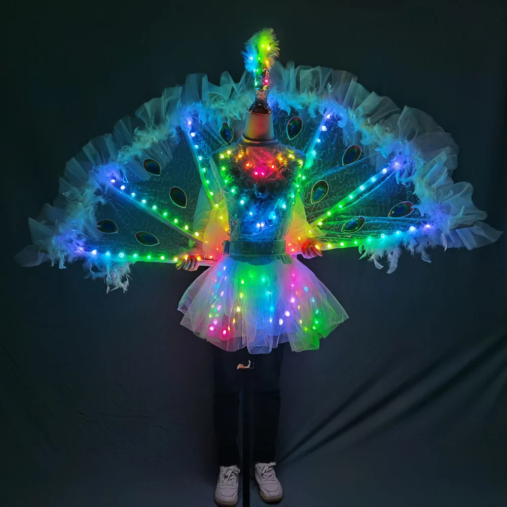 Full Color LED Peacock Wings Nightclub Catwalk Model Dance Party Stage Performance Wear Dress Women Girl Ballet Skirt