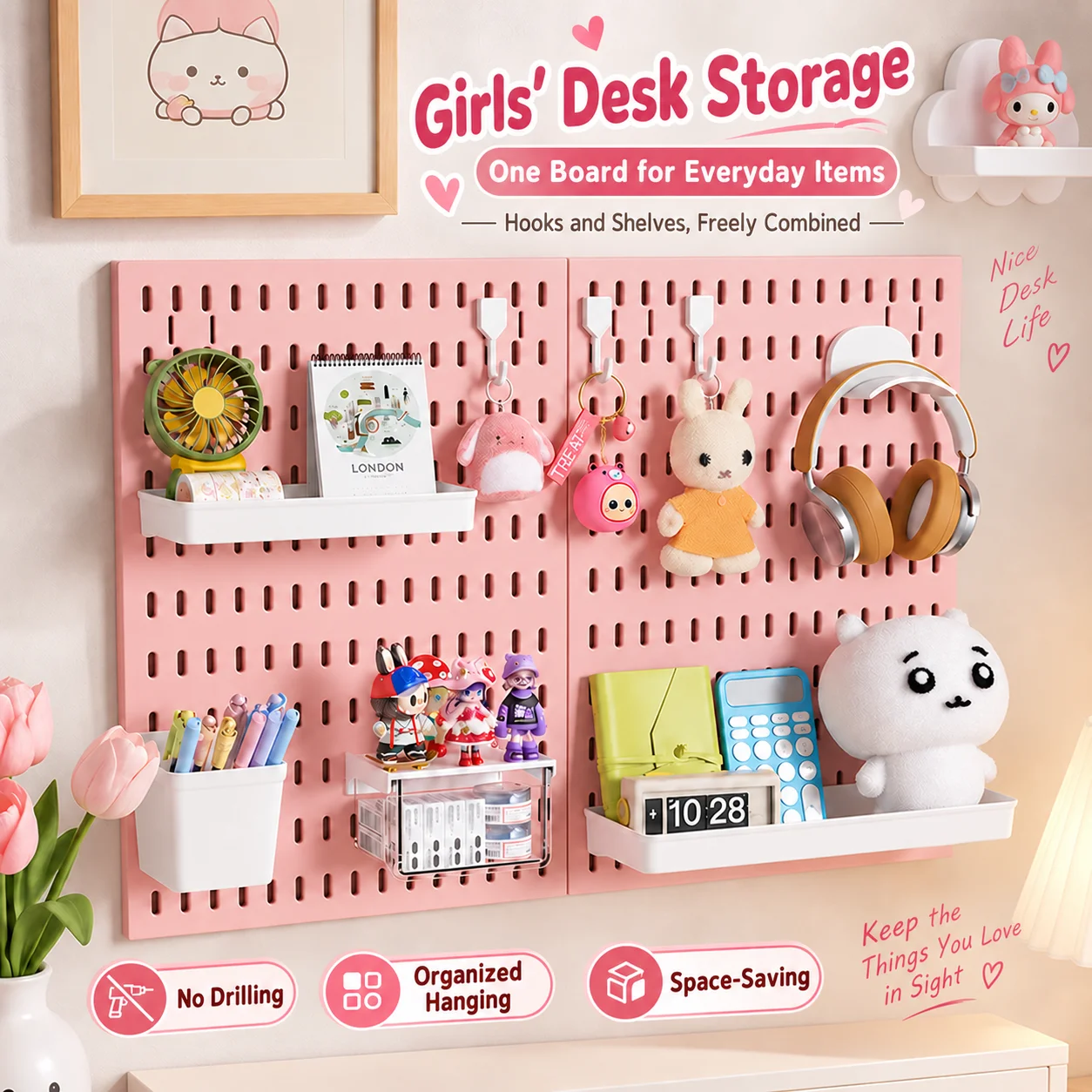 No Drill Pink Pegboard Wall Rack Organizer for Nail Polish Jewelry Craft Sewing Supplies Storage Display