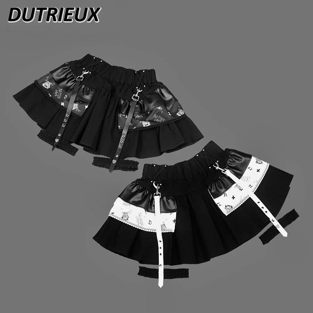 Japanese Mines Sweet and Cute Girls Elastic Waist Skirt Ruffle Edge Decorative Pocket Rivet Buckle Suspender Leg Ring Skirts