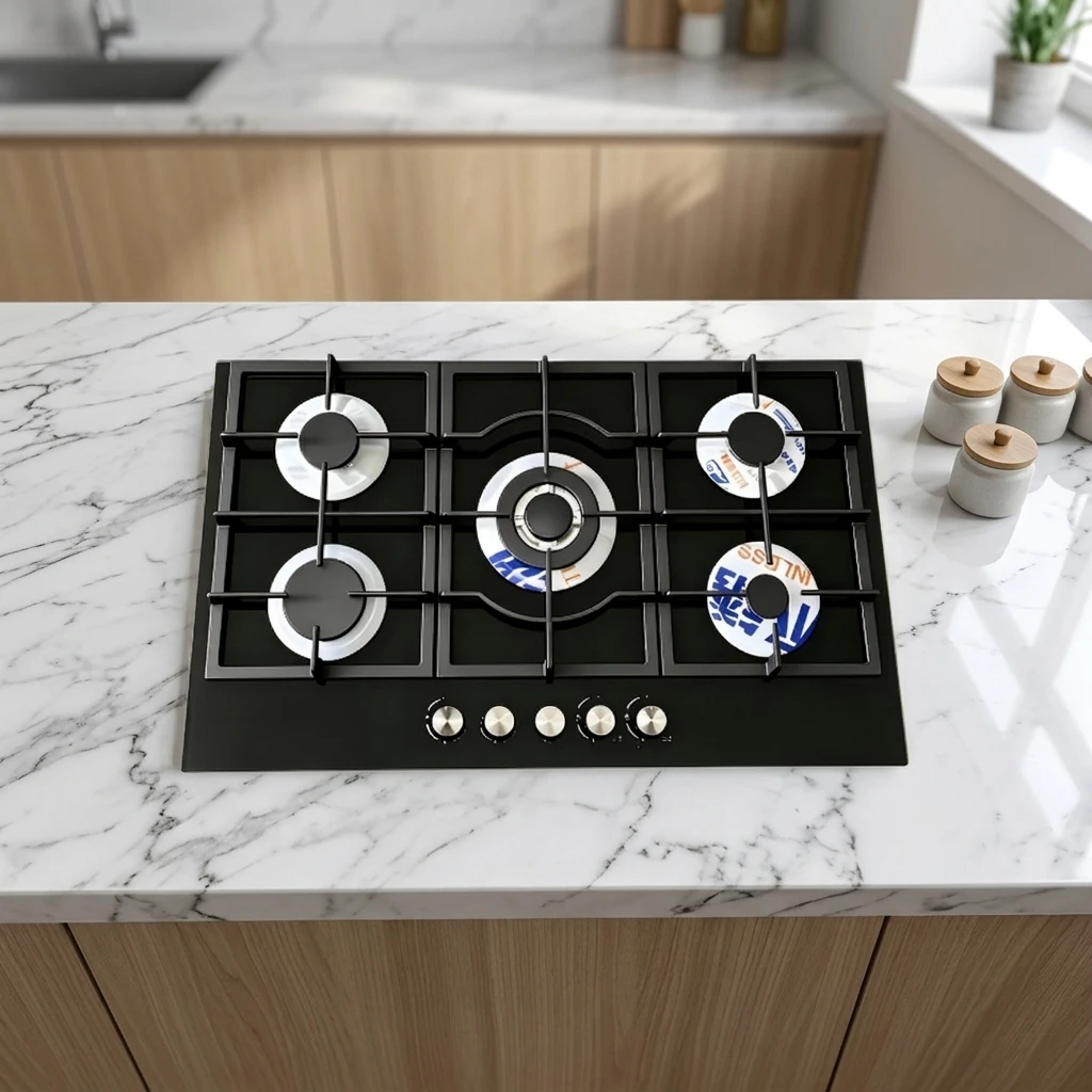 5 Burner Built-In Gas Hob and Black Tempered Glass Panel Heavy Duty Cast Iron Pan Supports for Modern Home Kitchens