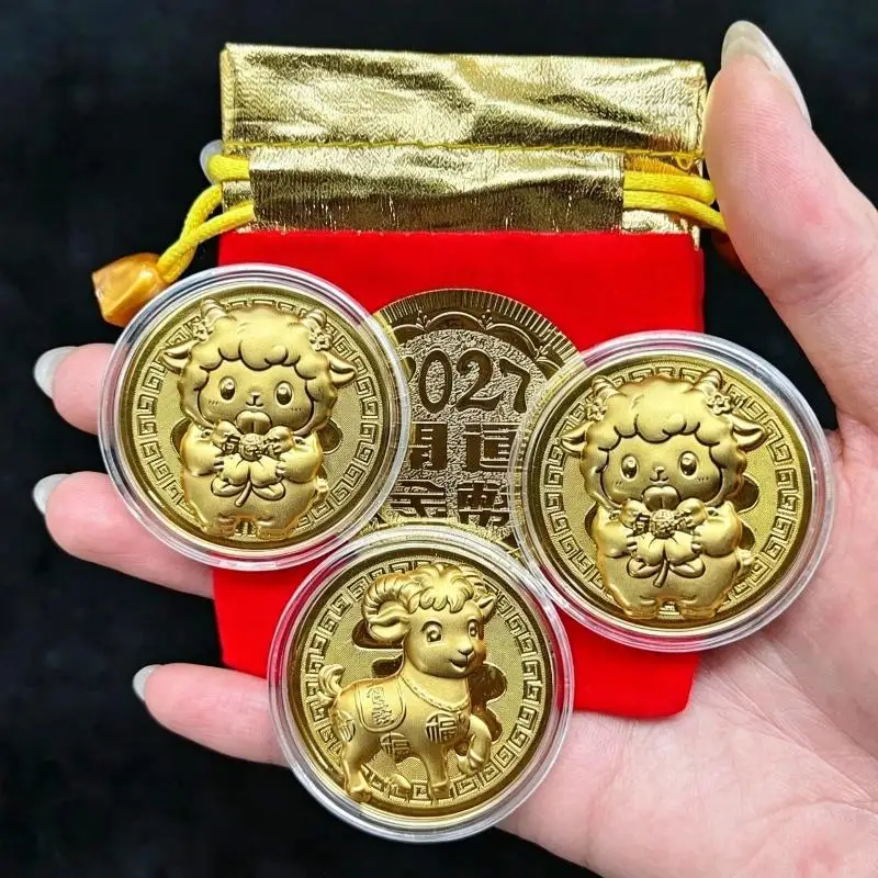 Gold Plated Lunar Goat Year Commemorative Coin with Clear Display Case Unique Collectible for Home Decor Festival Gift