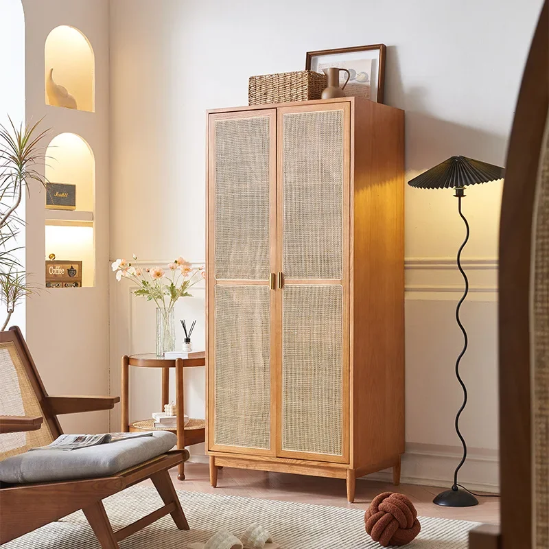 

Japanese-style rattan wardrobe, wabi-sabi style apartment, minimalist bedroom, solid wood storage cabinet